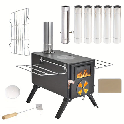 Portable Foldable Wood Stove with 7 Chimneys — Iron, 38×19×19cm
