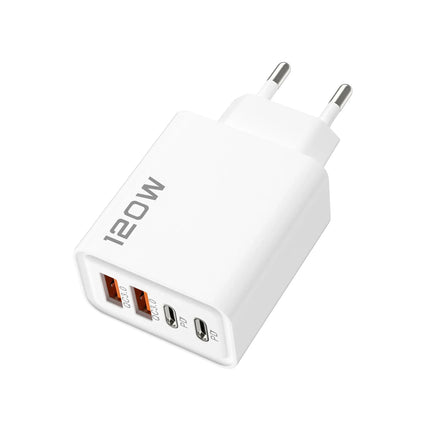 120W 4-Port Fast Wall Charger — 2 USB-C PD + 2 USB-A, Smart Charging | EU, UK, US Plug | Black & White