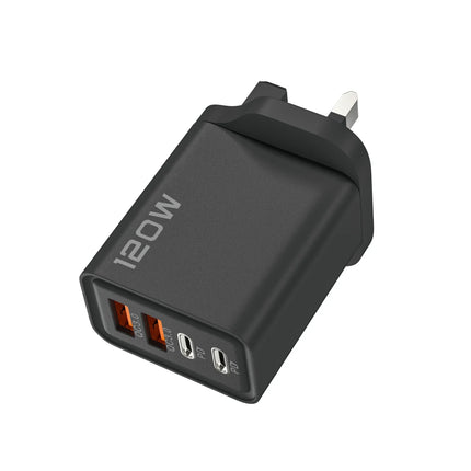120W 4-Port Fast Wall Charger — 2 USB-C PD + 2 USB-A, Smart Charging | EU, UK, US Plug | Black & White