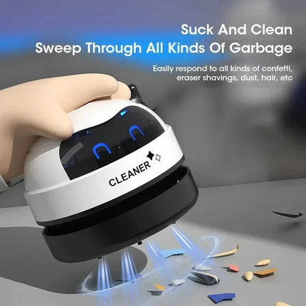 Mini Robot Desktop Vacuum Cleaner — USB Rechargeable, 360° Suction, 0.5L Dust Box | White