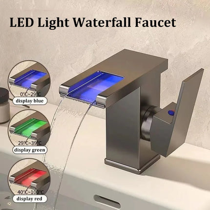 Waterfall Basin Faucet with LED Light – Stainless Steel Hot & Cold Bathroom Tap | Gun Gray, White, Black & Silver
