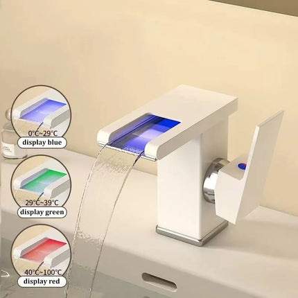 Waterfall Basin Faucet with LED Light – Stainless Steel Hot & Cold Bathroom Tap | Gun Gray, White, Black & Silver