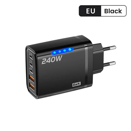 شاحن مكتبي 5 في 1 بتقنية GaN بقوة 240 واط — 3 منافذ USB-C PD + منفذا USB، شحن سريع، قابس أوروبي وأمريكي | أصفر، أبيض، أسود
