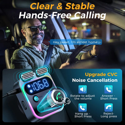 Bluetooth 5.3 FM Transmitter for Car — 48W Fast Charging, Dual Mics, Deep Bass | Silver, Black