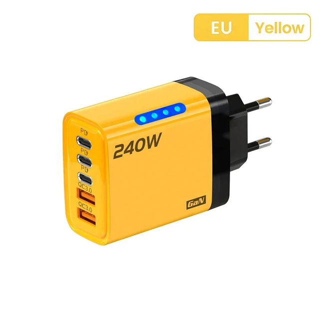 5-in-1 GaN Desktop Charger 240W — 3 USB-C PD + 2 USB, Fast Charging, EU & US Plug | Yellow, White, Black