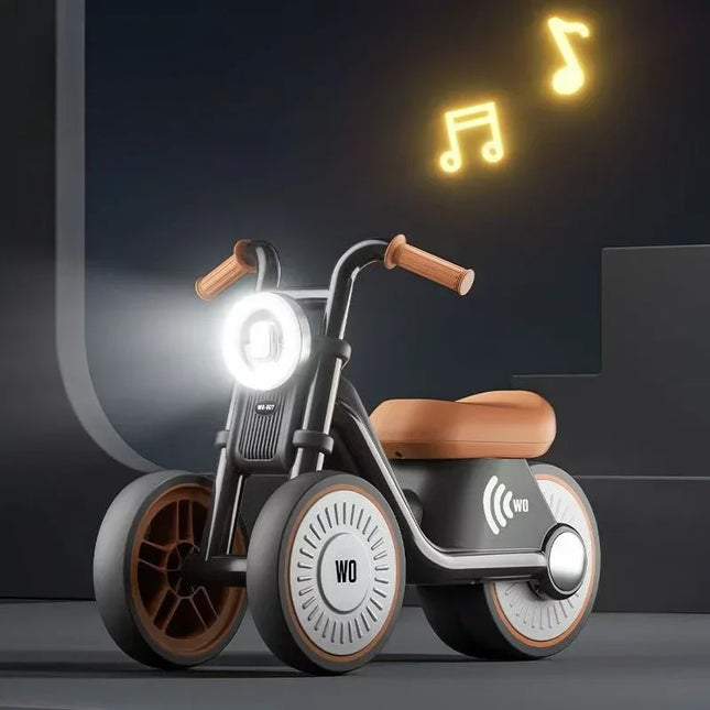 Kids Balance Bike Ride-On Motorcycle with Music & Lights – Brown, Green & Black | Boys & Girls