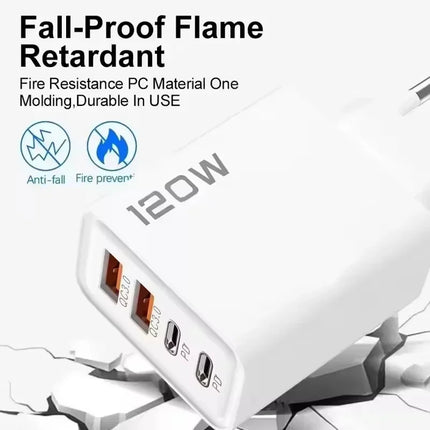 120W 4-Port Fast Wall Charger — 2 USB-C PD + 2 USB-A, Smart Charging | EU, UK, US Plug | Black & White