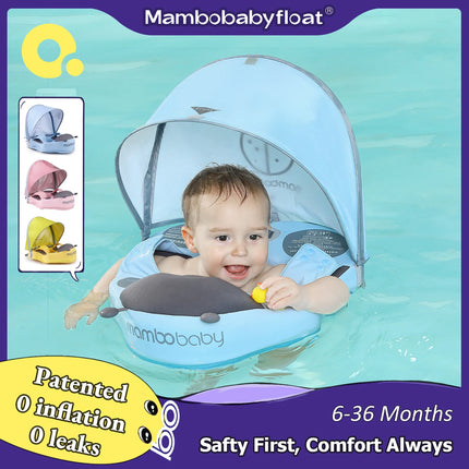 Mambobaby Baby Swimming Float | Non-Inflatable Shoulder Float with Optional Sun Canopy | 6–72 Months | Blue, Pink & Yellow