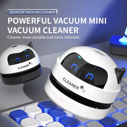 Mini Robot Desktop Vacuum Cleaner — USB Rechargeable, 360° Suction, 0.5L Dust Box | White