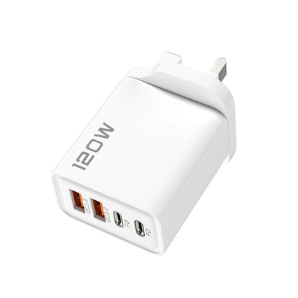 120W 4-Port Fast Wall Charger — 2 USB-C PD + 2 USB-A, Smart Charging | EU, UK, US Plug | Black & White