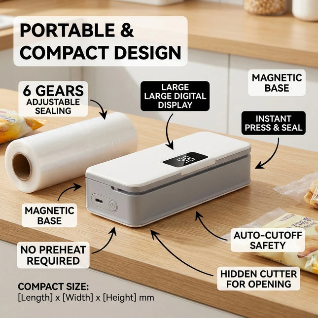 2-in-1 Mini Bag Sealer — Heat Seal & Cutter, 6 Heat Levels, LED, Type-C Rechargeable | White