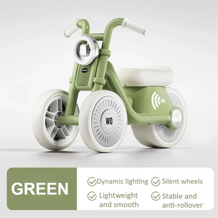 Kids Balance Bike Ride-On Motorcycle with Music & Lights – Brown, Green & Black | Boys & Girls