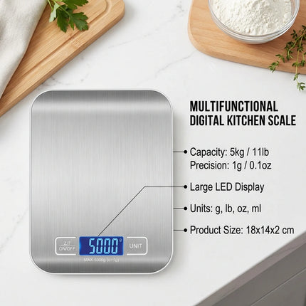 Digital Kitchen Scale — LED Display, 5kg/1g, Stainless Steel, 6 Units | Silver
