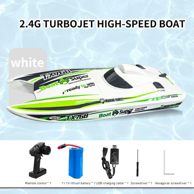 المركب السريع TX768 RC | قارب تحكم عن بعد عالي السرعة بدون فرش 2.4G بسرعة 45 كم/ساعة | أبيض وأزرق