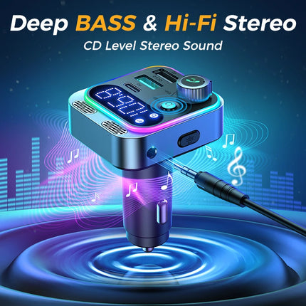 Bluetooth 5.3 FM Transmitter for Car — 48W Fast Charging, Dual Mics, Deep Bass | Silver, Black