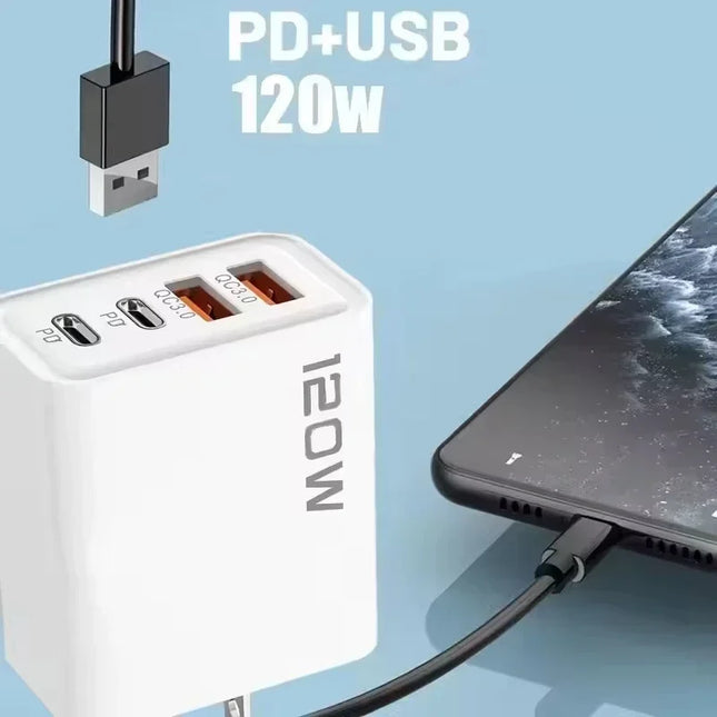 120W 4-Port Fast Wall Charger — 2 USB-C PD + 2 USB-A, Smart Charging | EU, UK, US Plug | Black & White