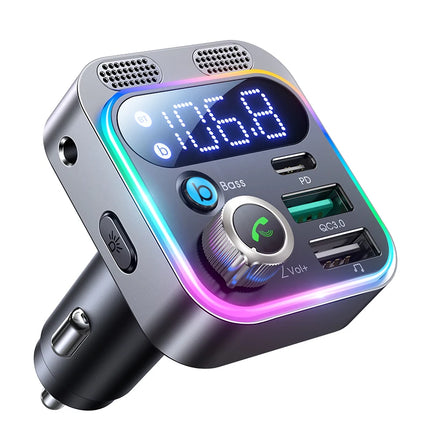 Bluetooth 5.3 FM Transmitter for Car — 48W Fast Charging, Dual Mics, Deep Bass | Silver, Black