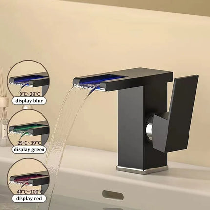 Waterfall Basin Faucet with LED Light – Stainless Steel Hot & Cold Bathroom Tap | Gun Gray, White, Black & Silver