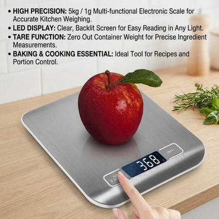 Digital Kitchen Scale — LED Display, 5kg/1g, Stainless Steel, 6 Units | Silver