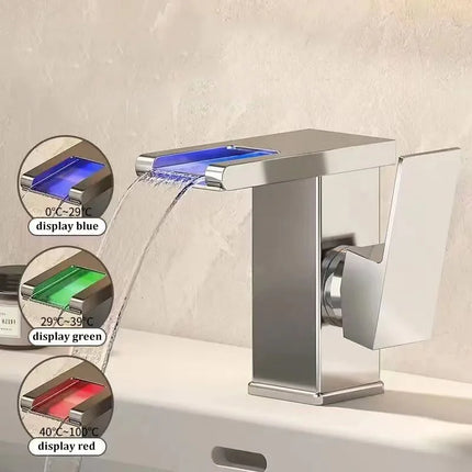 Waterfall Basin Faucet with LED Light – Stainless Steel Hot & Cold Bathroom Tap | Gun Gray, White, Black & Silver