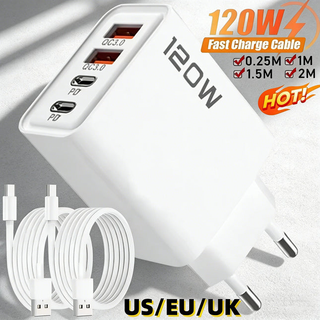 120W 4-Port Fast Wall Charger — 2 USB-C PD + 2 USB-A, Smart Charging | EU, UK, US Plug | Black & White