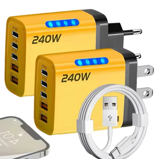 5-in-1 GaN Desktop Charger 240W — 3 USB-C PD + 2 USB, Fast Charging, EU & US Plug | Yellow, White, Black