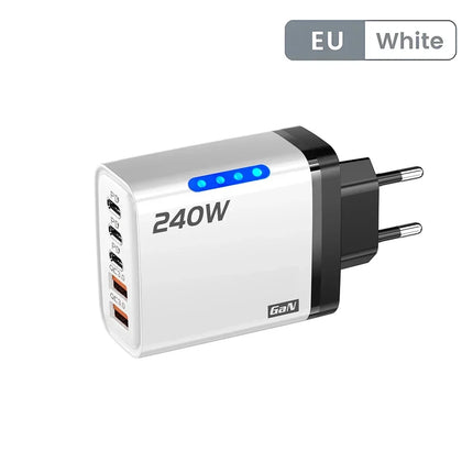 شاحن مكتبي 5 في 1 بتقنية GaN بقوة 240 واط — 3 منافذ USB-C PD + منفذا USB، شحن سريع، قابس أوروبي وأمريكي | أصفر، أبيض، أسود