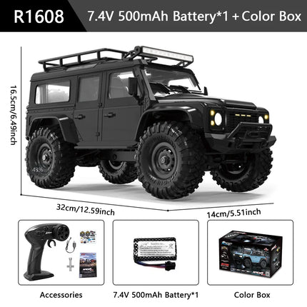 RC Off-Road Crawler Truck 1:16 4WD | 2.4G Remote Control Car with LED Lights & Metal Parts | 12 Colors (R1601–R1612)