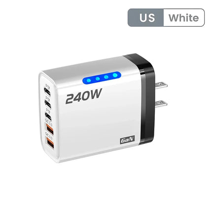 شاحن مكتبي 5 في 1 بتقنية GaN بقوة 240 واط — 3 منافذ USB-C PD + منفذا USB، شحن سريع، قابس أوروبي وأمريكي | أصفر، أبيض، أسود