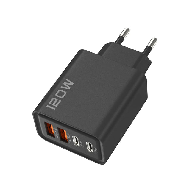120W 4-Port Fast Wall Charger — 2 USB-C PD + 2 USB-A, Smart Charging | EU, UK, US Plug | Black & White