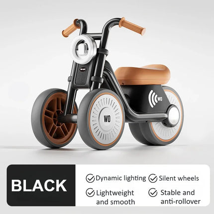 Kids Balance Bike Ride-On Motorcycle with Music & Lights – Brown, Green & Black | Boys & Girls