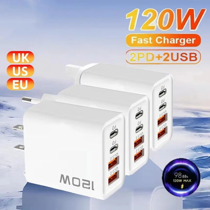 120W 4-Port Fast Wall Charger — 2 USB-C PD + 2 USB-A, Smart Charging | EU, UK, US Plug | Black & White