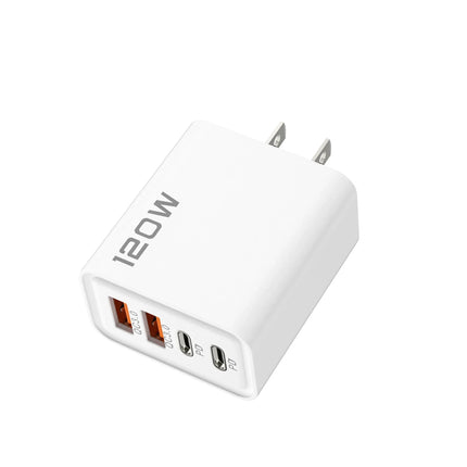 120W 4-Port Fast Wall Charger — 2 USB-C PD + 2 USB-A, Smart Charging | EU, UK, US Plug | Black & White