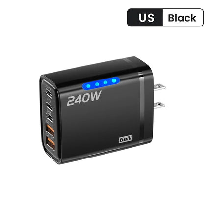 شاحن مكتبي 5 في 1 بتقنية GaN بقوة 240 واط — 3 منافذ USB-C PD + منفذا USB، شحن سريع، قابس أوروبي وأمريكي | أصفر، أبيض، أسود