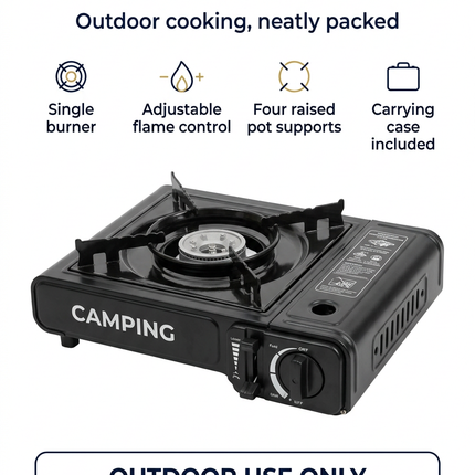 Camping stove info image with key features and outdoor-only safety warning