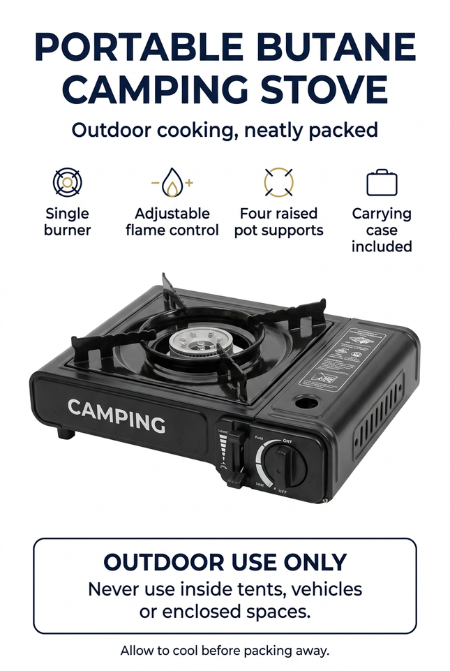 Camping stove info image with key features and outdoor-only safety warning