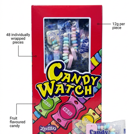 Candy Watch info image with a larger box and smaller individual piece