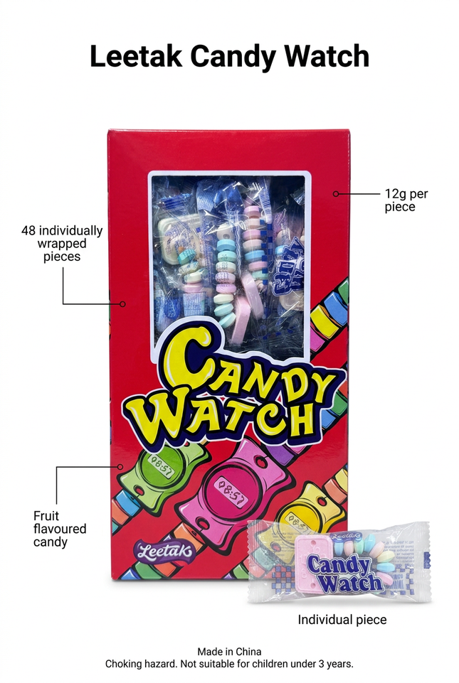 Candy Watch info image with a larger box and smaller individual piece