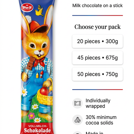 Choco Lollies Bunnies single-piece infographic with pack sizes and product details