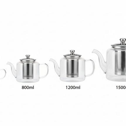 Glass Teapot - All Sizes with Labels (600ml, 800ml, 1200ml, 1500ml)