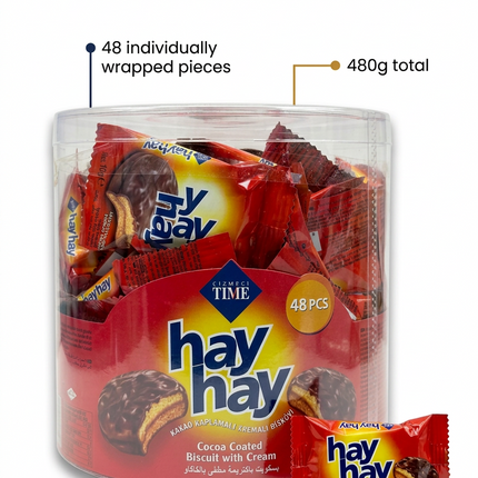 Hay Hay info image with one individually wrapped biscuit
