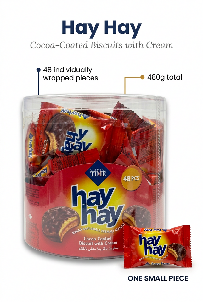 Hay Hay info image with one individually wrapped biscuit