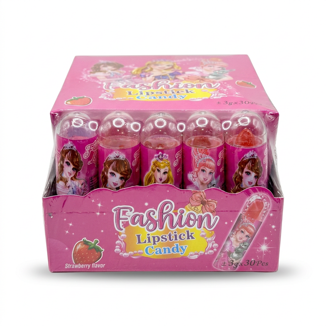 Fashion strawberry lipstick candy pink display box on white background
