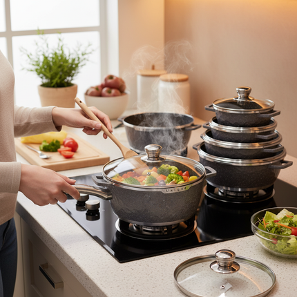 Lifestyle scene showing Unique granite cookware in use on stovetop