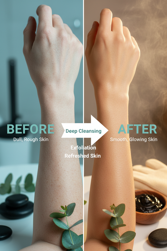 Before and after using Moroccan black soap with eucalyptus