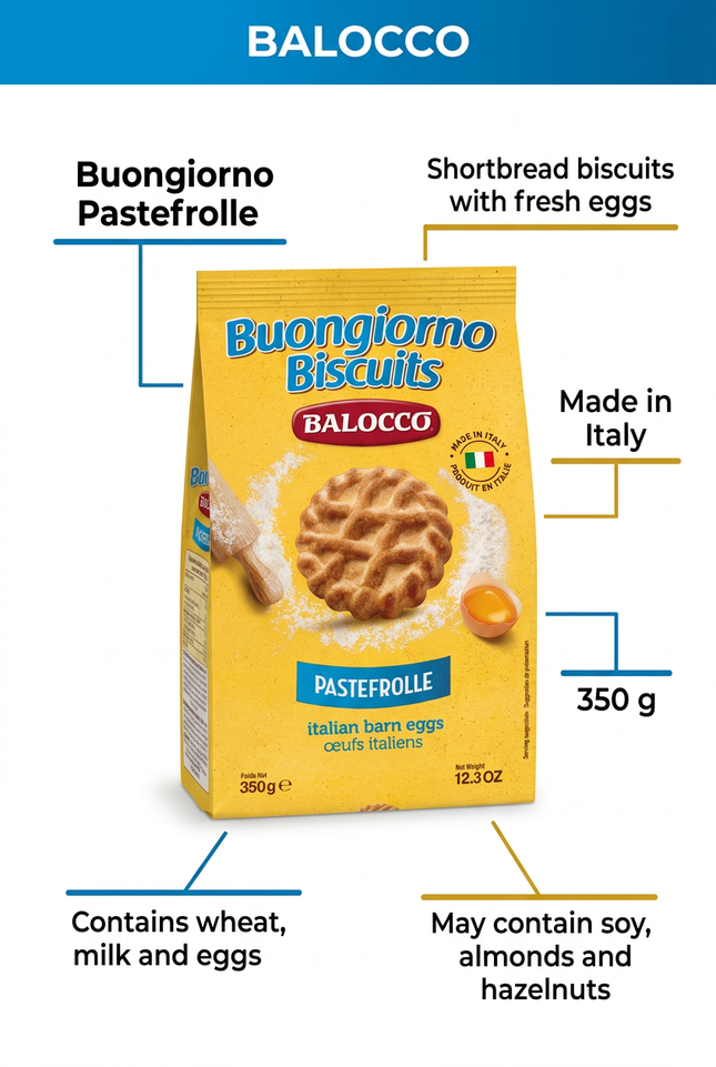 Balocco Pastefrolle 350 g biscuits product information with origin and allergens