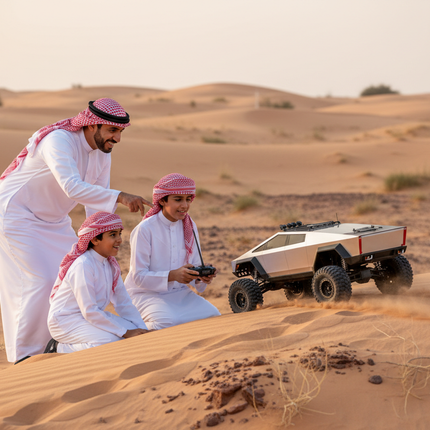 Qatari Family with Cyber Pickup R/C Car in Desert