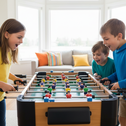 Family playing wooden foosball table together