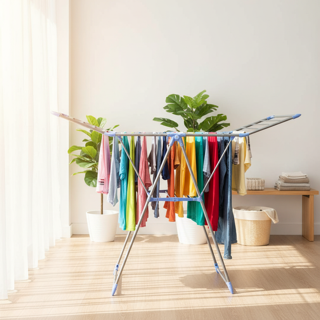 Clothes dryer rack in sunny laundry room with fresh laundry