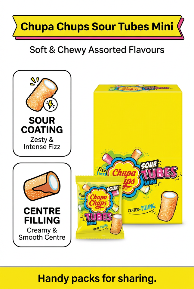 Chupa Chups Sour Tubes Mini product information infographic